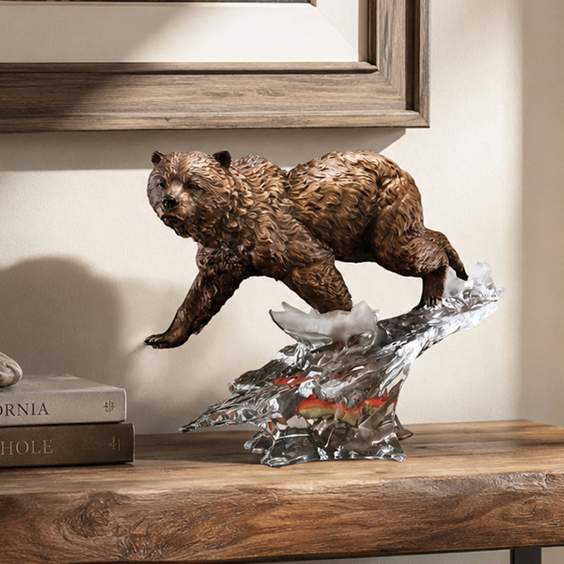 bronze and lucite bear sculpture in lodge setting