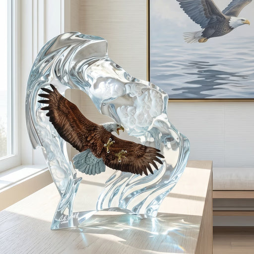 Glass sculpture of an eagle flying through clouds with a painting of an eagle in the background.