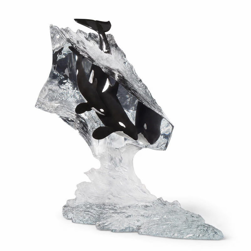 Orca whales table top  art sculpture in lucite on white background