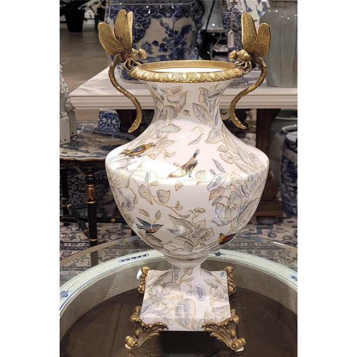 Tessa Dragonfly & Floral Vase-Porcelain & Bronze