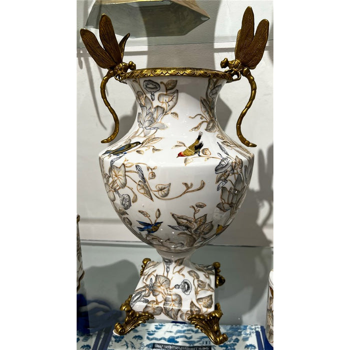 Tessa Dragonfly & Floral Vase-Porcelain & Bronze