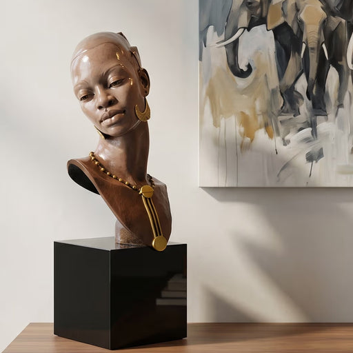 Bust of a woman by Thomas Blackshear  on a black pedestal with abstract art in the background