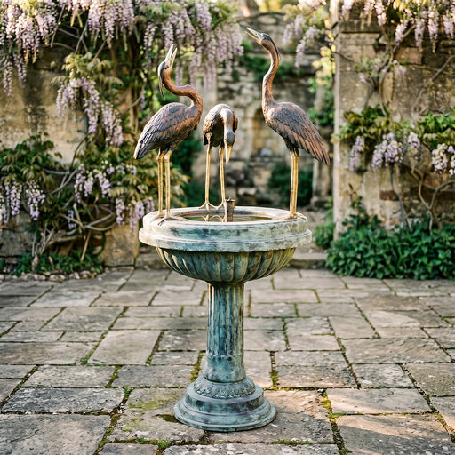 Decorative outdoor fountain with three heron statues in a garden setting.