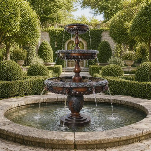 Decorative bronze three tier fountain in a garden with manicured hedges and stone pathway.