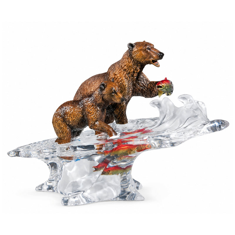 Two bears catching salmon sculpture. Title of sculpture is: Training Day. Artist: Kitty Cantrell