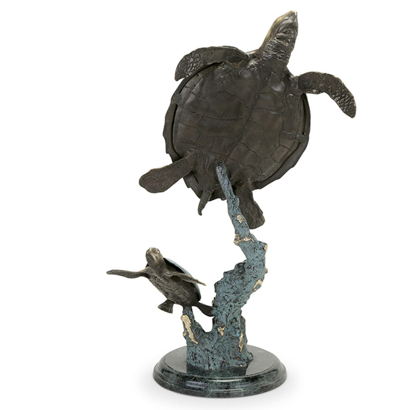 Mother and Baby Sea Turtles Brass Sculpture on Marble Base
