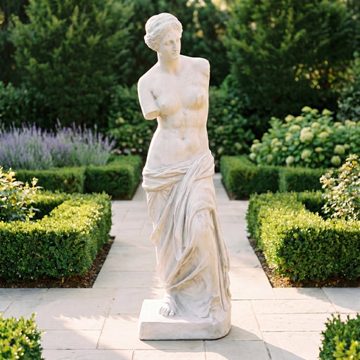 Statue of a classical Venus de Milo in a garden setting with manicured hedges and flowers.
