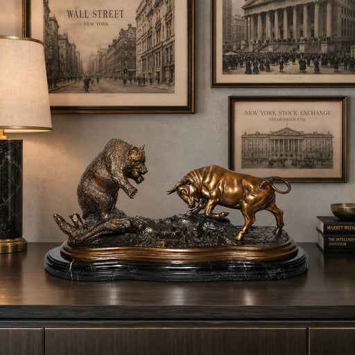A bronze bull and bear sculpture on a black marble base, displayed on a dark wooden console table in a styled room setting with framed wall art and a lamp.