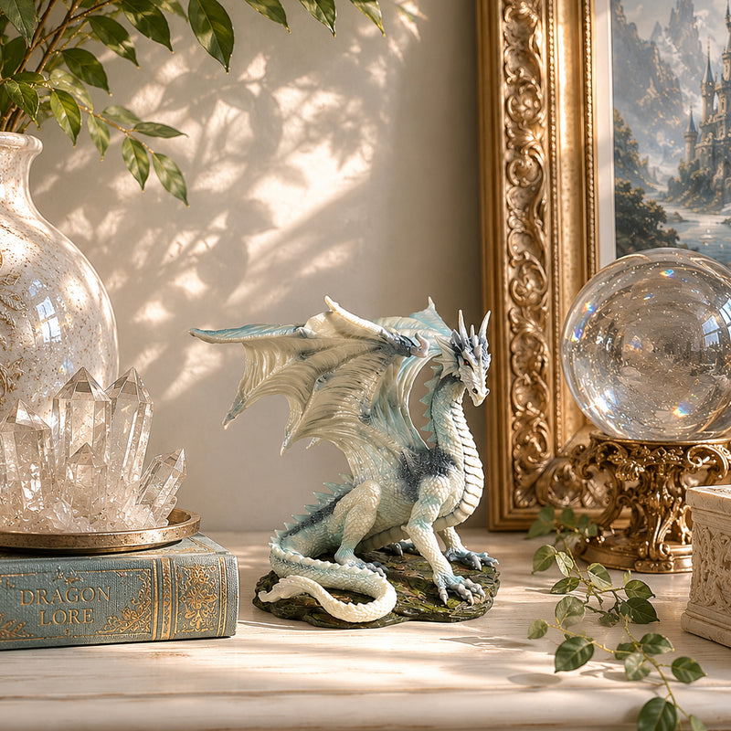 Decorative scene with a dragon statue, crystal ball, and books on a surface.
