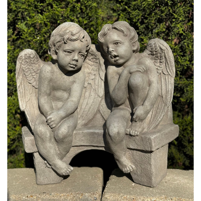 Winged Cherubs on Bench Garden Statue- Cast Stone