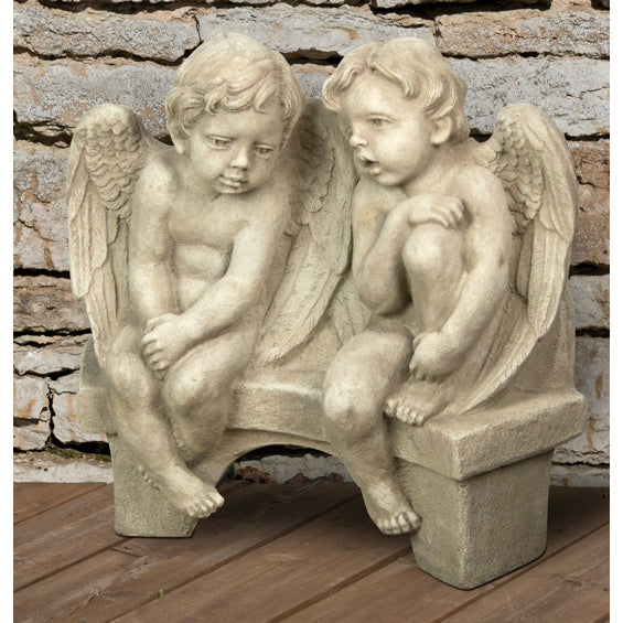 Winged Cherubs on Bench Garden Statue- Cast Stone