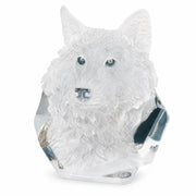 acrylic wolf head art sculpture on a white background