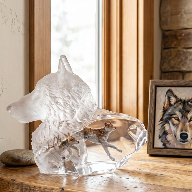 Clear acrylic wolf sculpture with embedded pewter wolves on a wooden surface with a framed wolf picture in the background.
