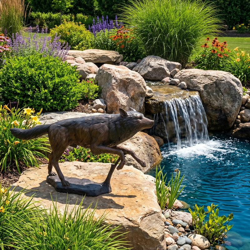 Statue of a running wolf by a pond with a waterfall and garden in the background