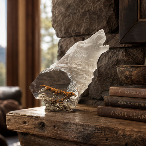 Crystal like sculpture of a wolf on a wooden surface with books in the background