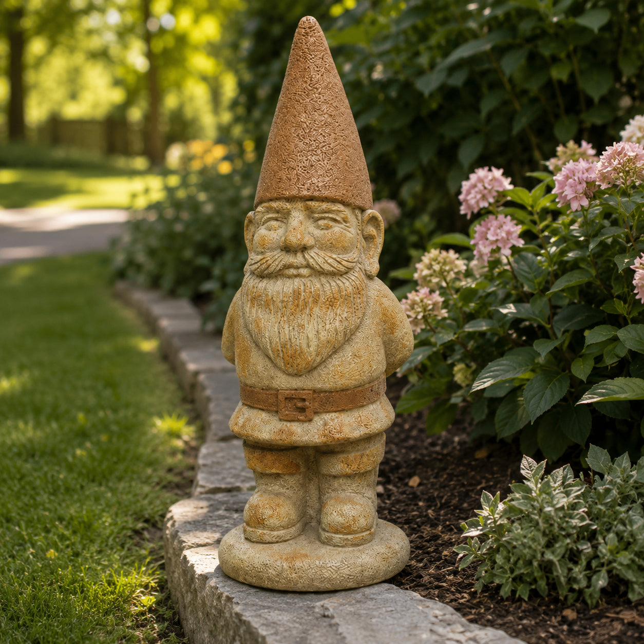 A stone garden gnome statue with a textured tan hat and beard, standing on a stone border in a garden with green foliage and pink flowers.