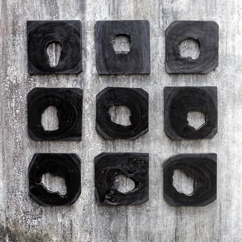 Abstract Black Wood Wall Art, Set of 9