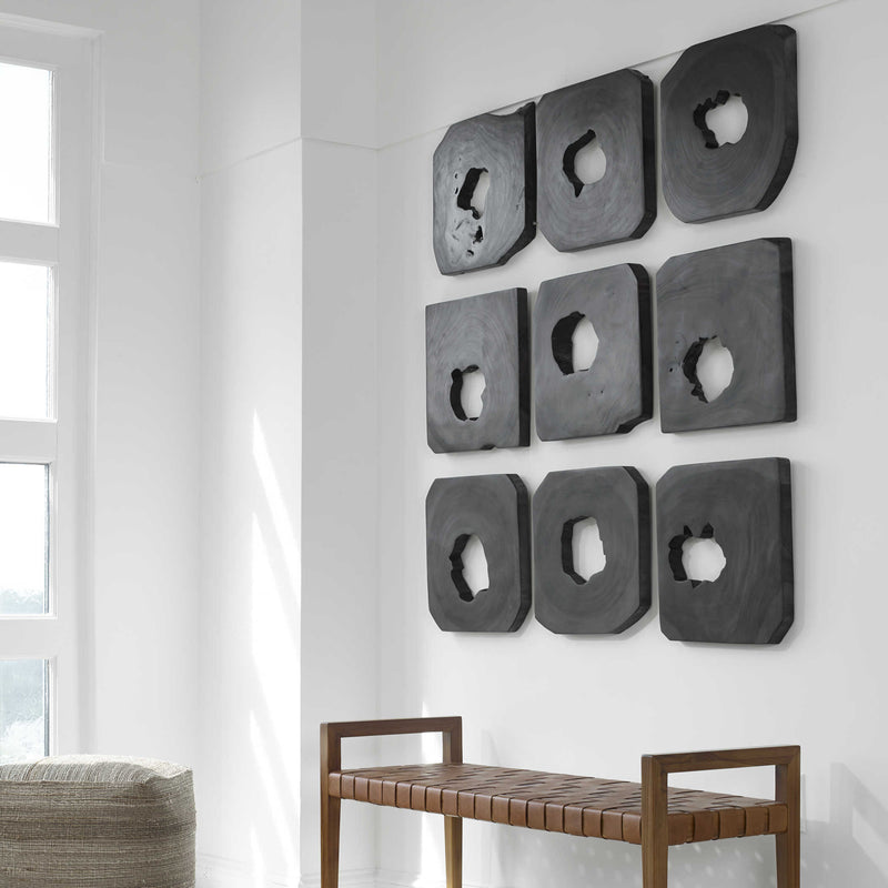 Abstract Black Wood Wall Art, Set of 9