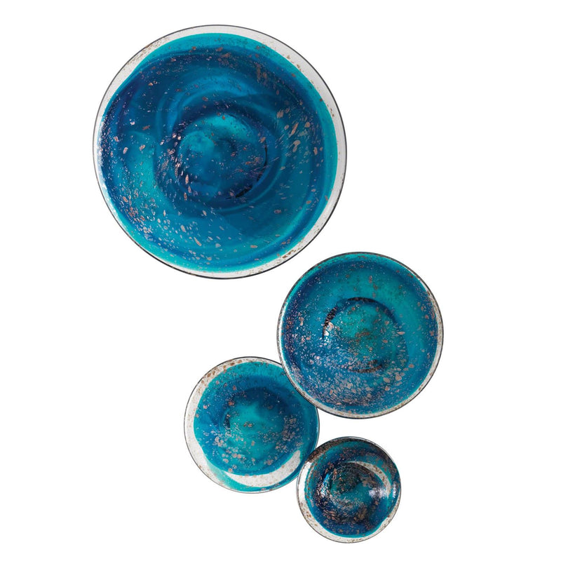 Art Glass Wall Decor Mushrooms Set Of 4 Blue Finish
