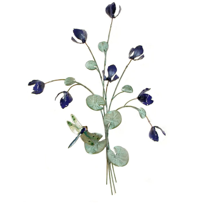 Blue Flowers With Dragonfly Metal Wall Art