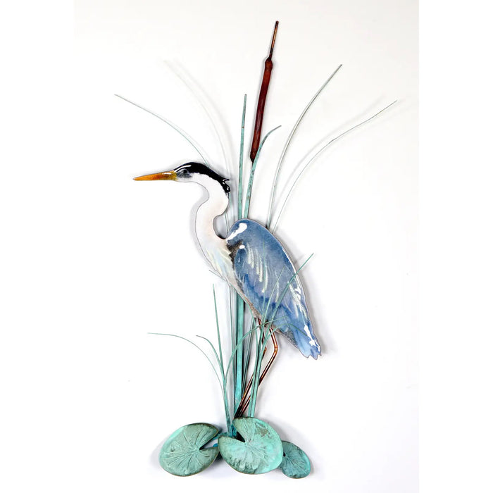 Blue Heron Standing with Patina Leaves Metal Wall Art