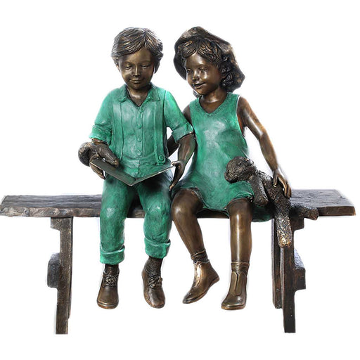 Boy With Girl Reading On Bench Bronze Sculpture