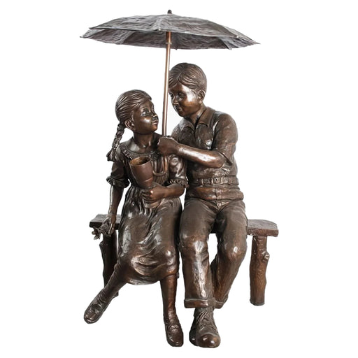 Bronze Boy & Girl on Bench with Umbrella Sculpture