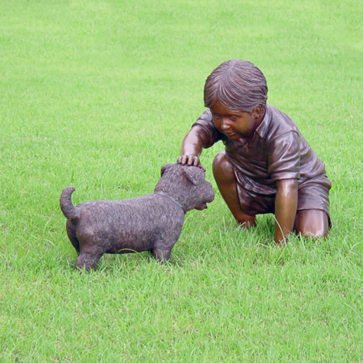 Bronze Boy with Dog Sculpture