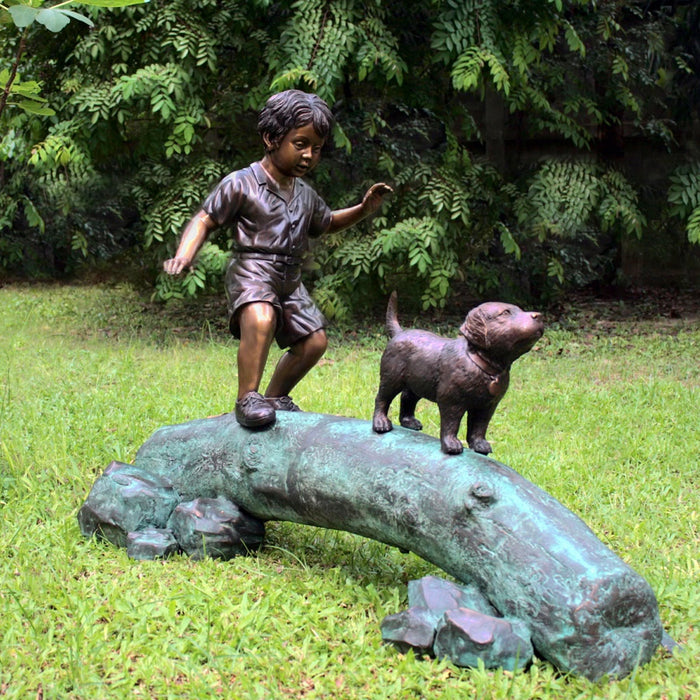 Bronze Boy with Dog on Log Sculpture