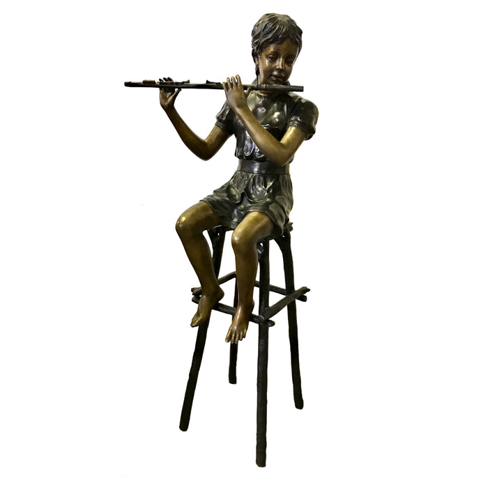 Bronze Girl with Flute on Chair Sculpture