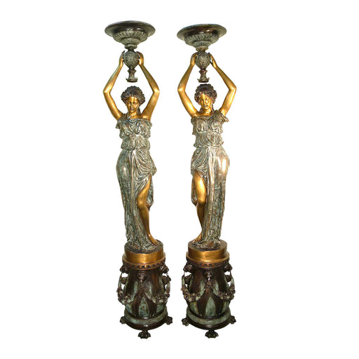 Bronze Lady on Pedestal with Urn-Pair
