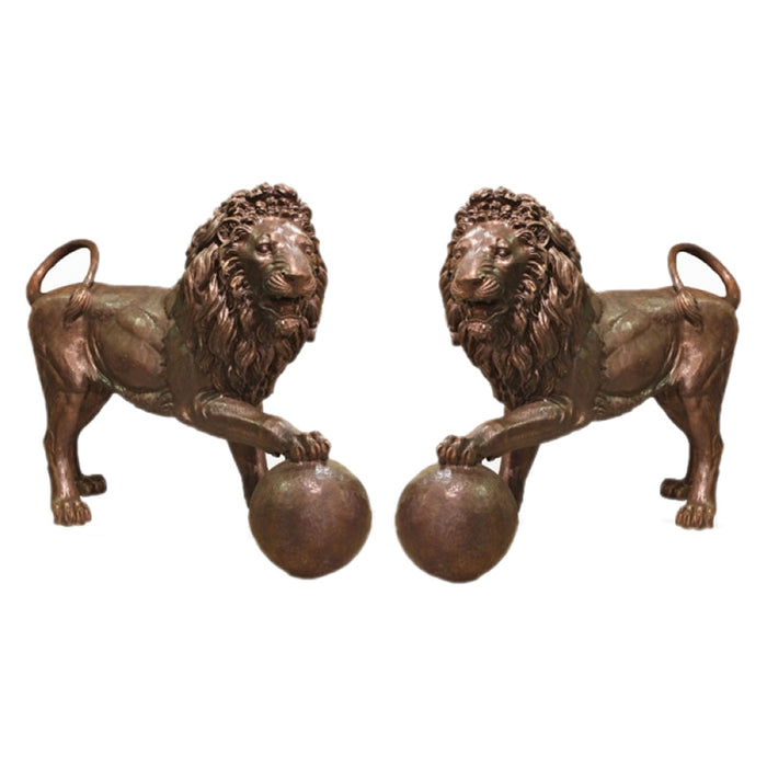 Bronze Lion on Ball Sculpture-Pair