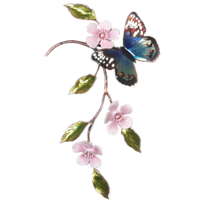 Blue Beauty Butterfly with Cherry Blossoms Metal Wall Art