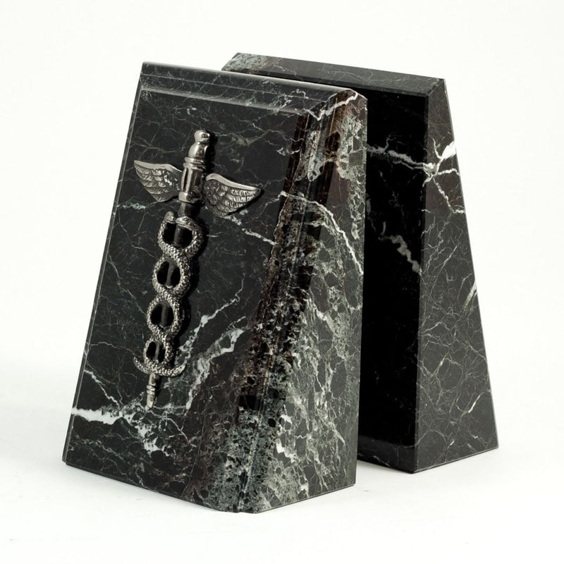 Caduceus Medical Emblem Bookends- Black Marble