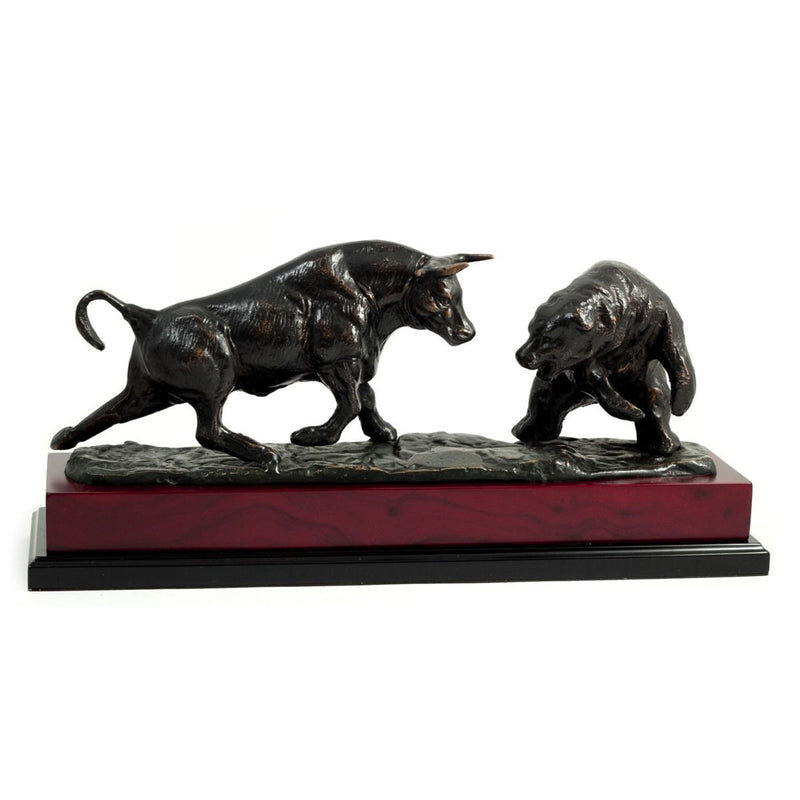 Charging Bull & Bear on Burlwood Sculpture