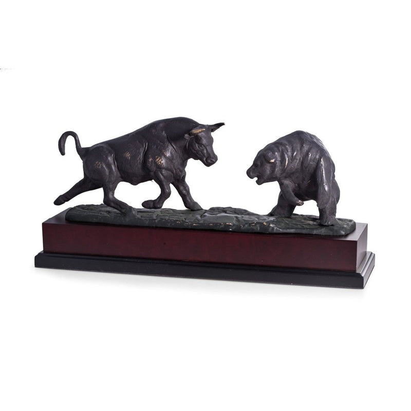Charging Bull & Bear on Burlwood Sculpture