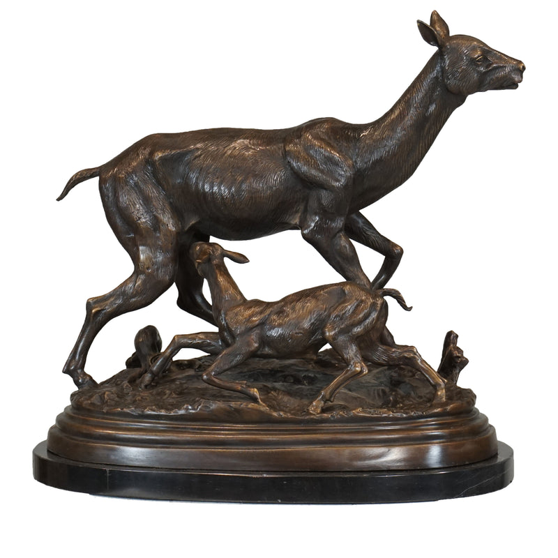 New Born Fawn & Doe Deer Bronze Sculpture