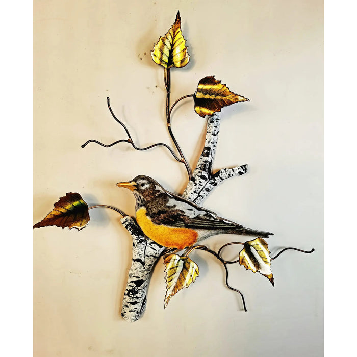 Female Robin on Birch Branch Metal Wall Art