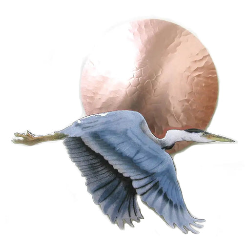Flying Heron With Copper Sun Metal Wall Art