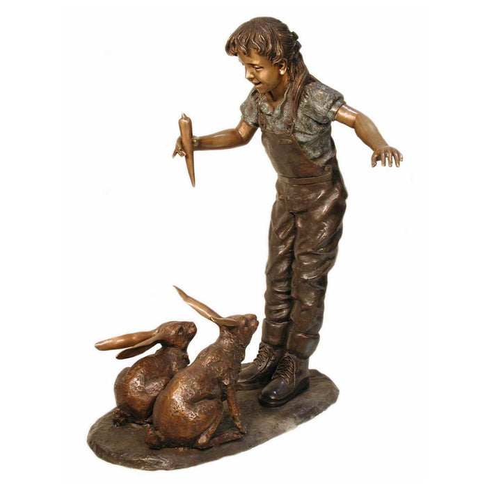 Girl Feeding Rabbits Bronze Sculpture