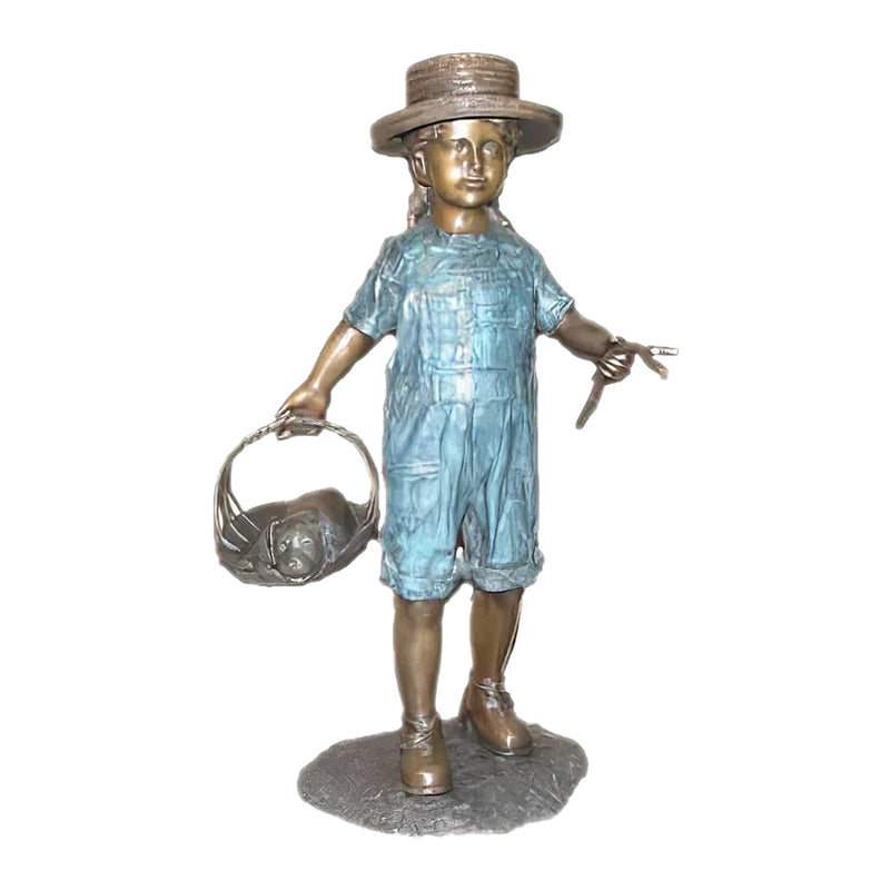 Girl with Puppy in Basket Bronze Sculpture