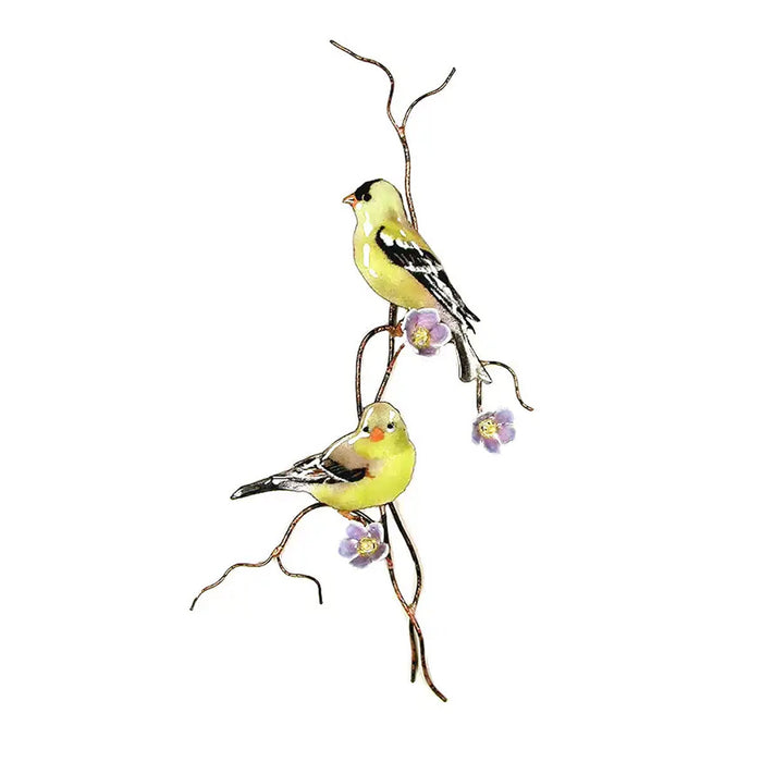 Goldfinches On Purple Flower Branch Metal Wall Art
