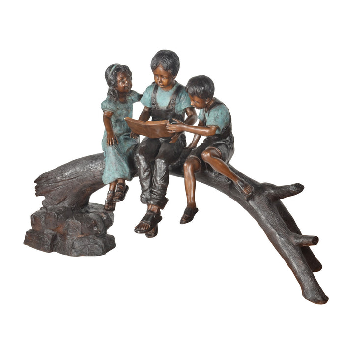 Three Kids Reading Book on Log Bronze Sculpture