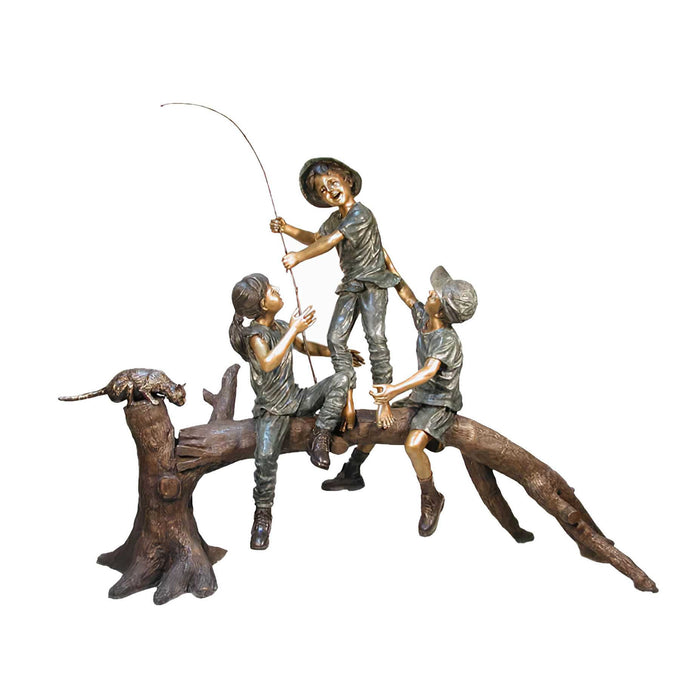 Three Kids on Log Fishing Bronze Sculpture