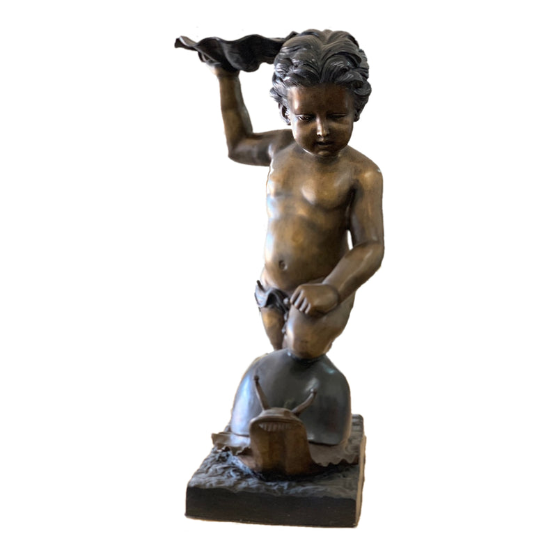 Bronze Kneeling Cherub on Snail Sculpture