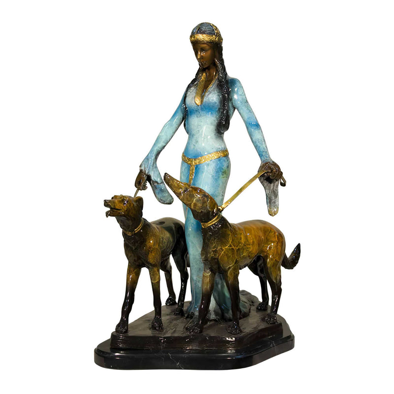 Lady Walking Dogs Bronze Sculpture