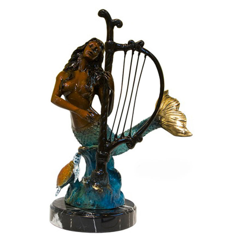 Mermaid Playing Harp Bronze Sculpture