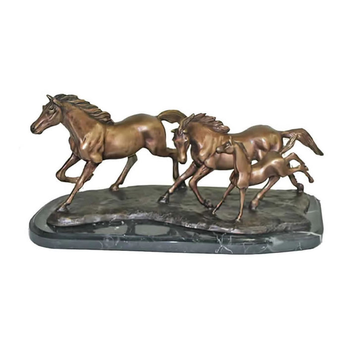 Running Horses Bronze Sculpture on Marble Base
