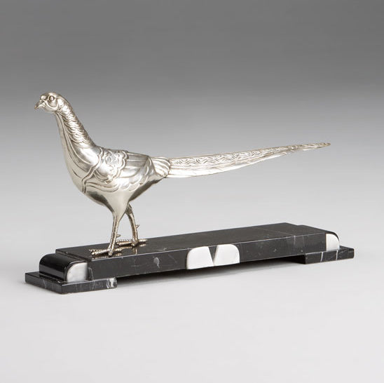 Silver Pheasants on Marble Base Sculpture-Art Deco