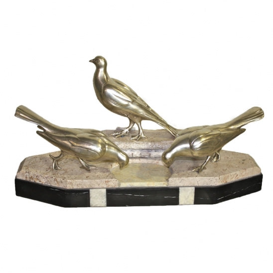 Silver Pigeons on Marble Base Sculpture-Art Deco